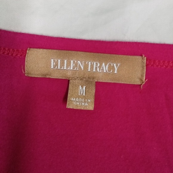 Ellen Tracy Top MED Fuchsia Pink Mixed Media Sheer Back Stretch Short Sl Tunic - Picture 4 of 6